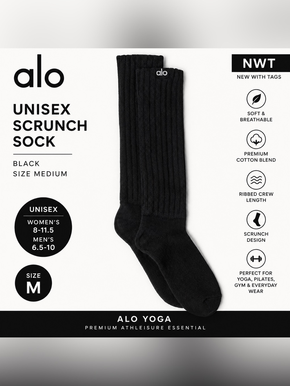 NWT Alo Yoga Unisex Scrunch Sock Black Medium Ribbed Crew Slouchy Athleisure - Picture 1 of 9
